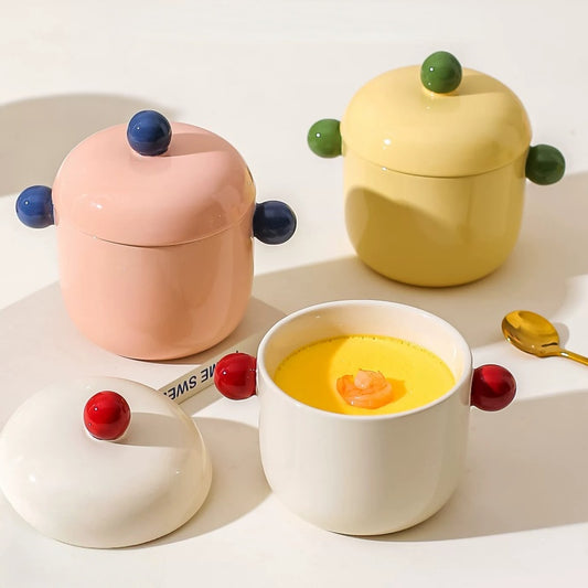 Cute Ceramic Double-Handle Stew Pot with Lid