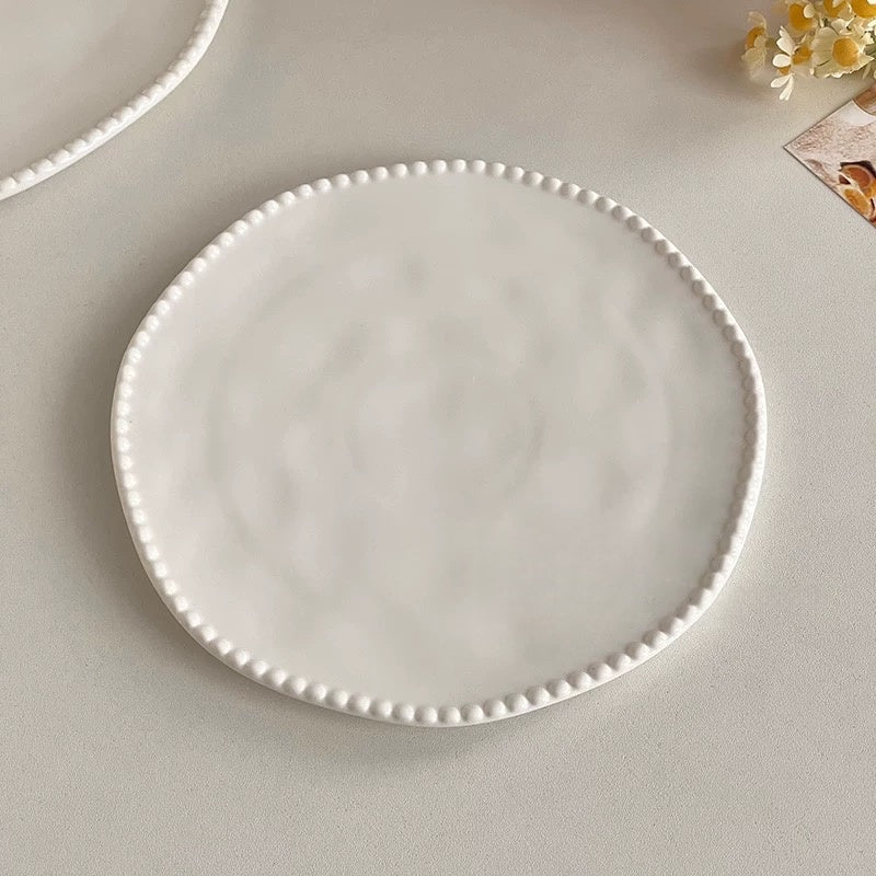 White Irregular Flat Plate with Pearl Beaded Edge