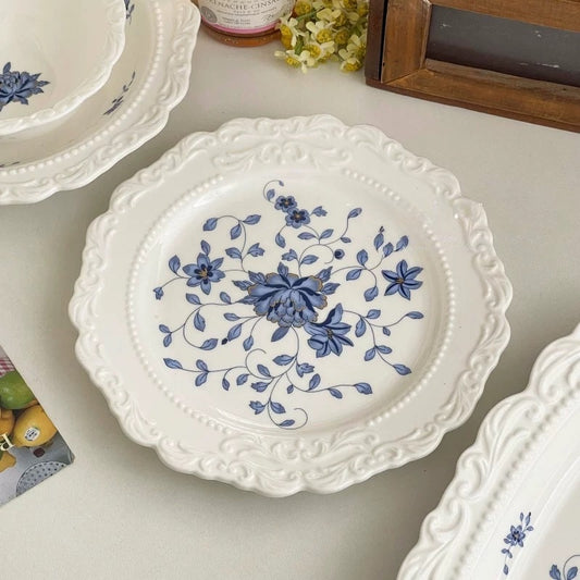 Vintage Blue & White Embossed Porcelain Plate