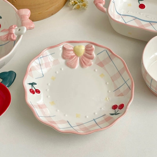 Embossed Bow and Cherry Ceramic Plate