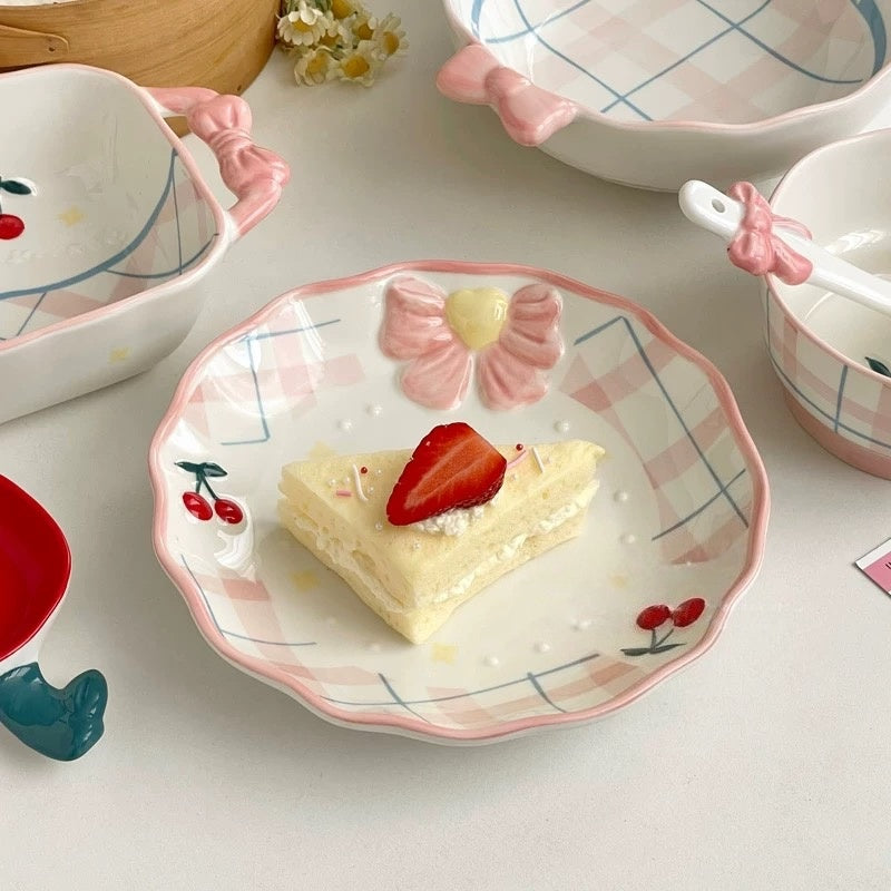 Embossed Bow and Cherry Ceramic Plate