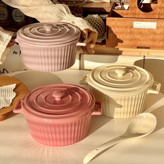 INS-Style Large Ceramic Soup Bowl with Lid and Dual Handles
