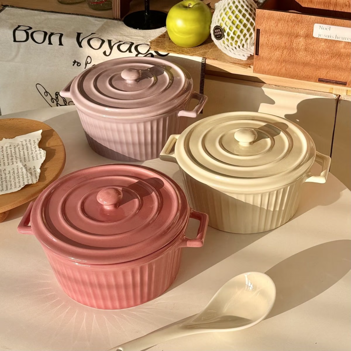 INS-Style Large Ceramic Soup Bowl with Lid and Dual Handles