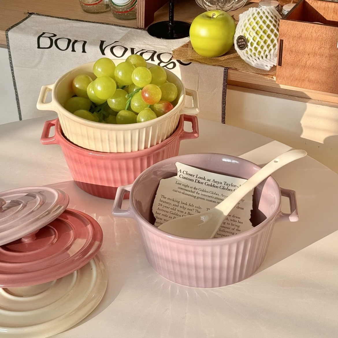 INS-Style Large Ceramic Soup Bowl with Lid and Dual Handles