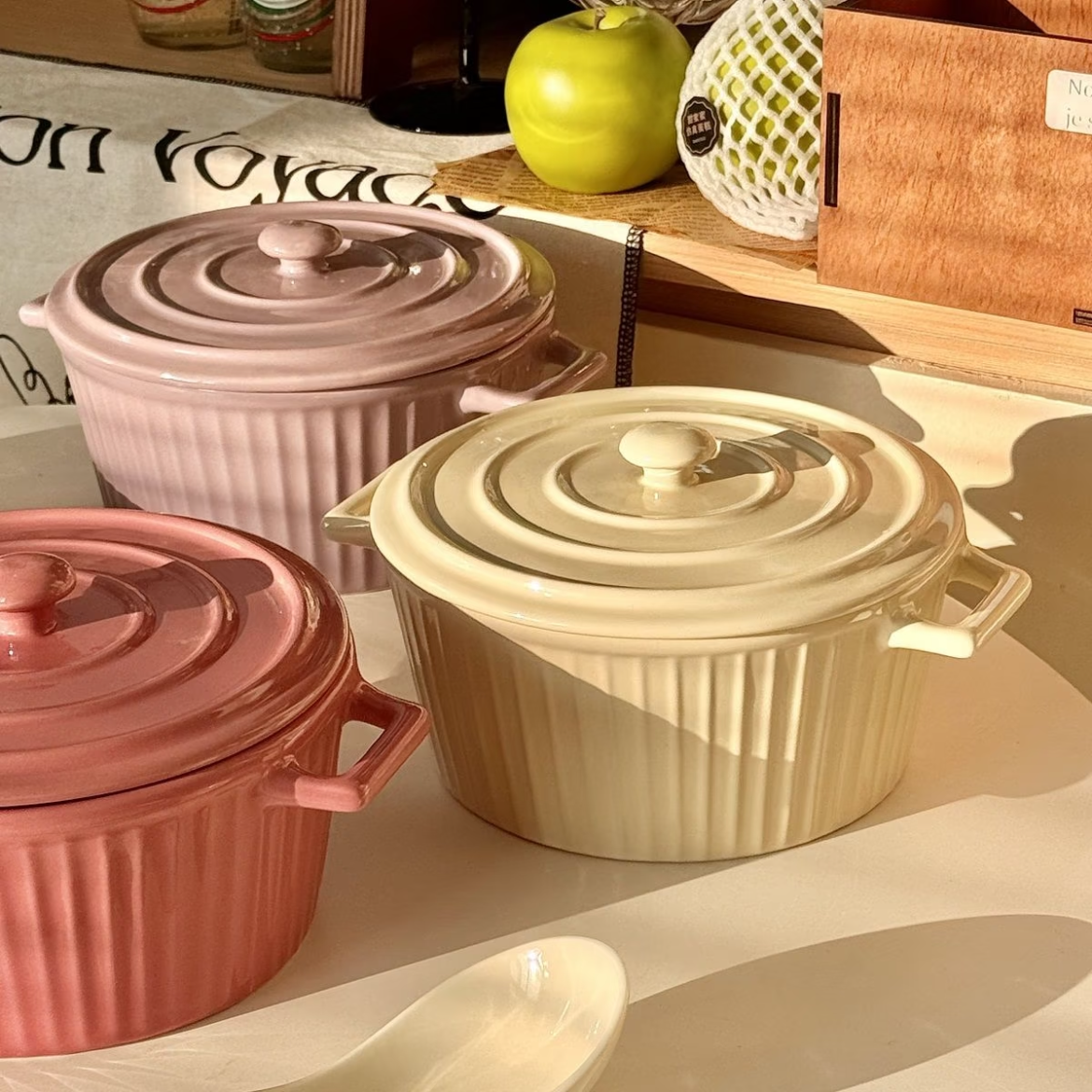INS-Style Large Ceramic Soup Bowl with Lid and Dual Handles