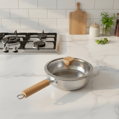 Uncoated wooden-handle frying pan