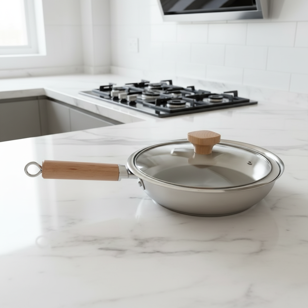 Uncoated wooden-handle frying pan