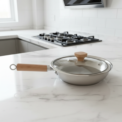 Uncoated wooden-handle frying pan