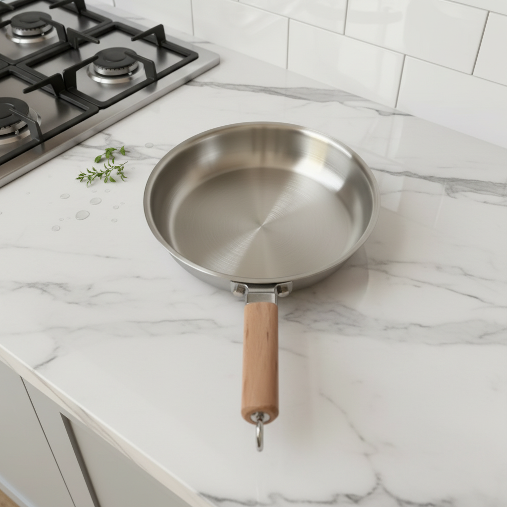 Uncoated wooden-handle frying pan