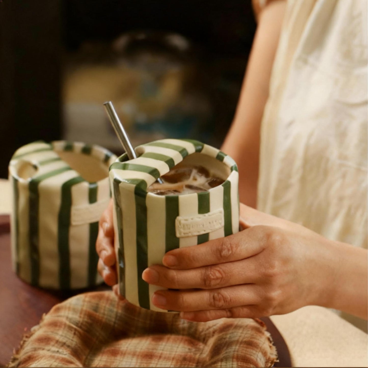 Hand-Painted Striped Art Ceramic Coffee Mugs