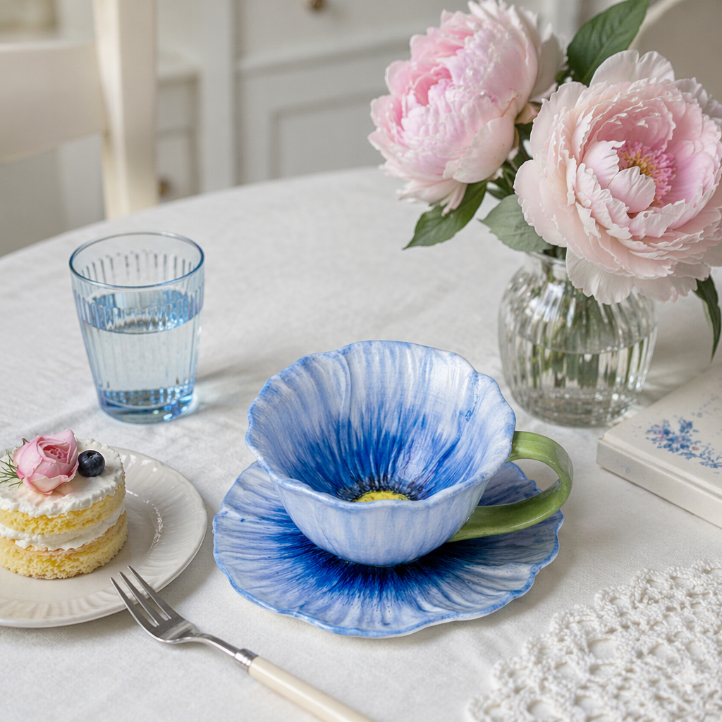 Blue Flower-shaped Ceramic Mug