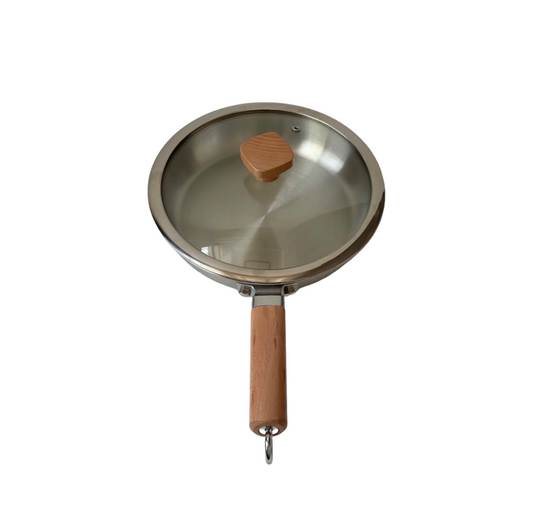 Uncoated wooden-handle frying pan