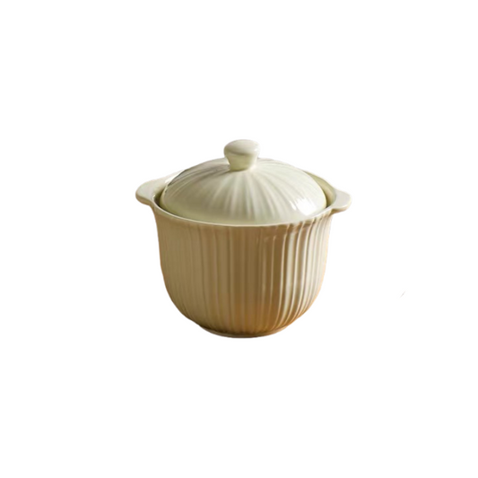 Vertical Stripe Embossed White Mini Stewing Pot with Double Handles