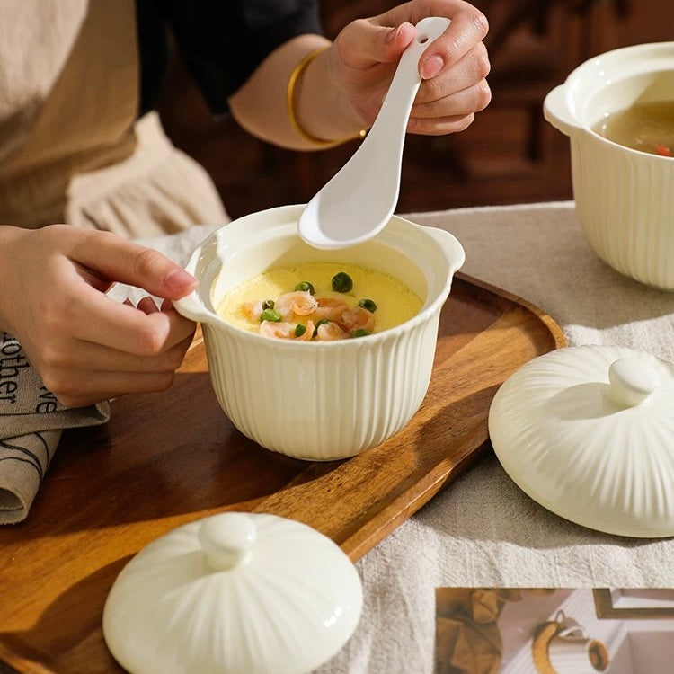 Vertical Stripe Embossed White Mini Stewing Pot with Double Handles