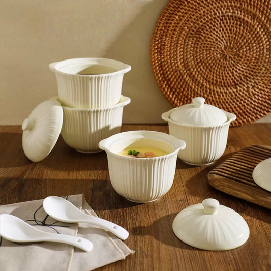 Vertical Stripe Embossed White Mini Stewing Pot with Double Handles