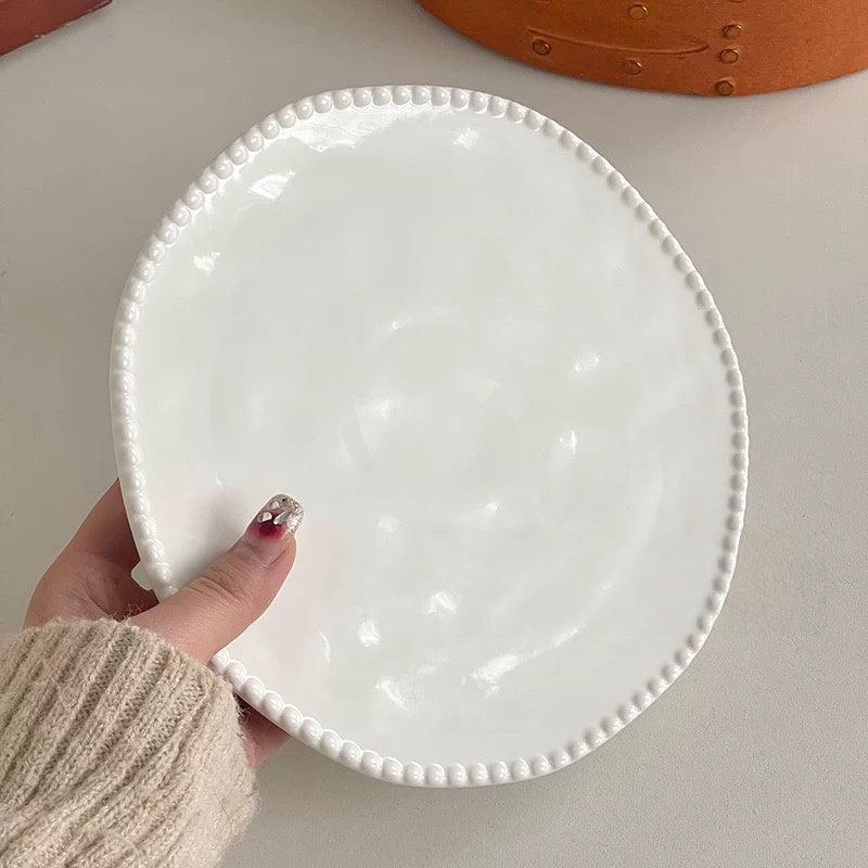 White Irregular Flat Plate with Pearl Beaded Edge