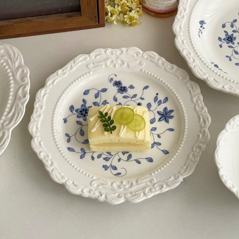 Vintage Blue & White Embossed Porcelain Plate