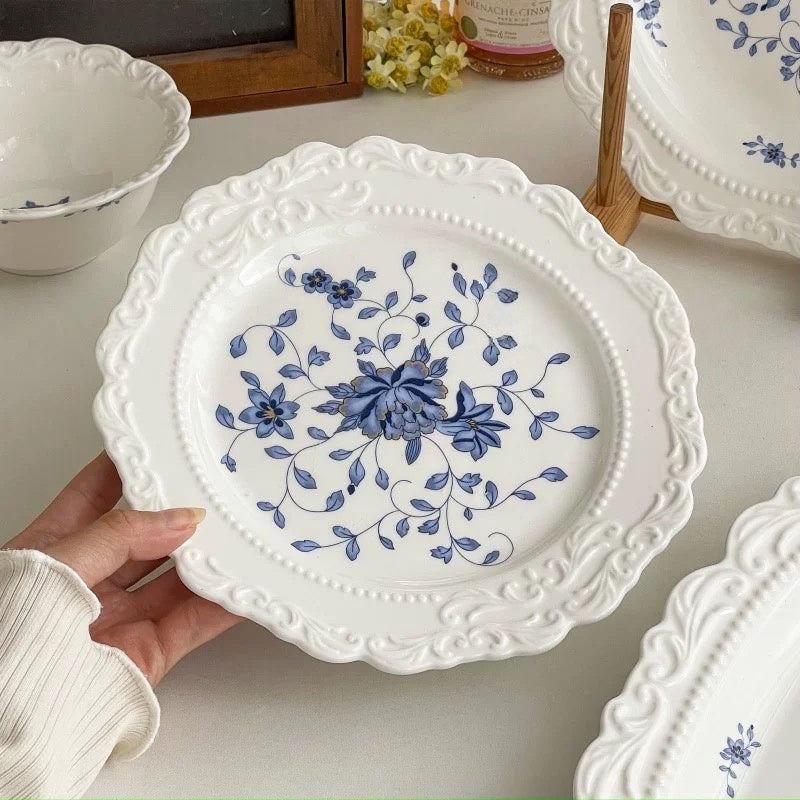 Vintage Blue & White Embossed Porcelain Plate