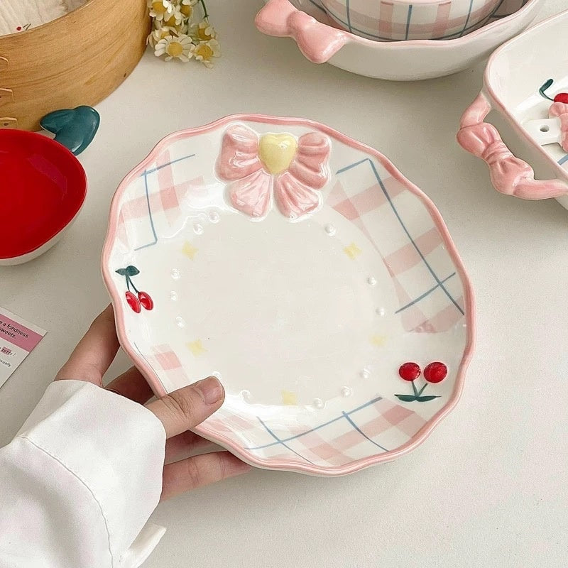 Embossed Bow and Cherry Ceramic Plate