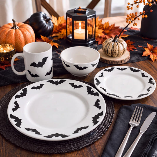 4 Piece Halloween Dinnerware Set Ceramic Bat Mug Bowl Plate