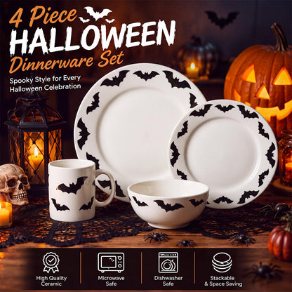 4 Piece Halloween Dinnerware Set Ceramic Bat Mug Bowl Plate