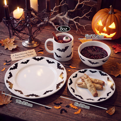 4 Piece Halloween Dinnerware Set Ceramic Bat Mug Bowl Plate