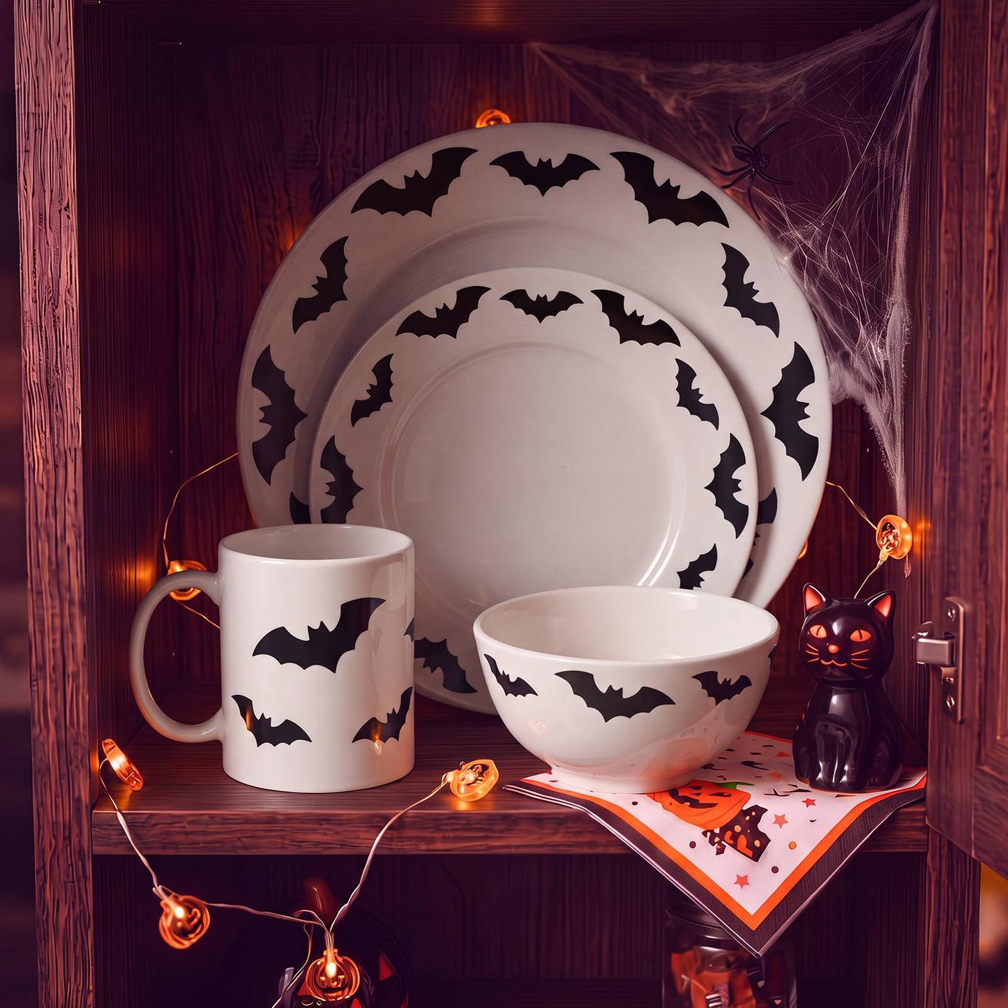 4 Piece Halloween Dinnerware Set Ceramic Bat Mug Bowl Plate