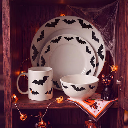 4 Piece Halloween Dinnerware Set Ceramic Bat Mug Bowl Plate