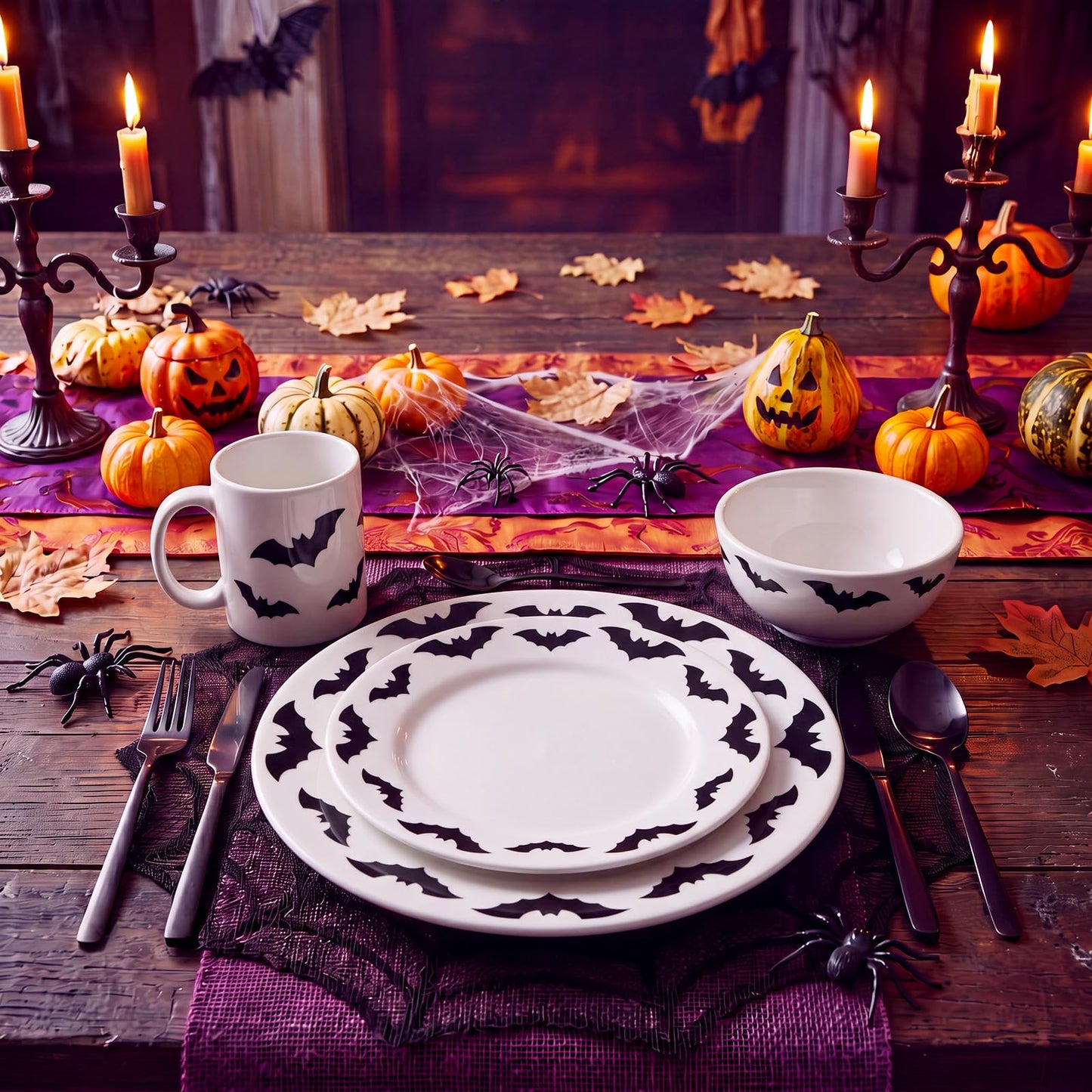4 Piece Halloween Dinnerware Set Ceramic Bat Mug Bowl Plate