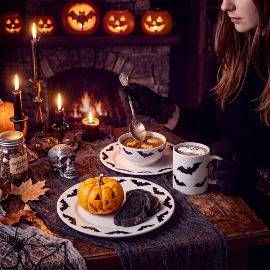 4 Piece Halloween Dinnerware Set Ceramic Bat Mug Bowl Plate