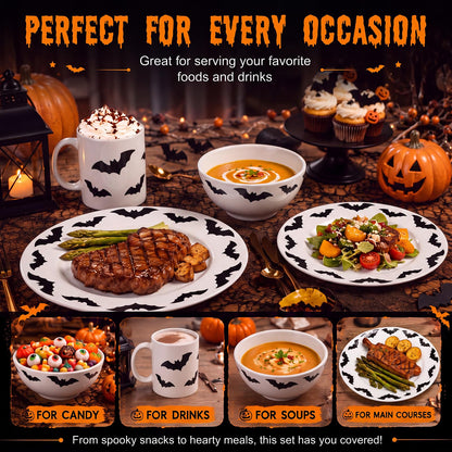 4 Piece Halloween Dinnerware Set Ceramic Bat Mug Bowl Plate